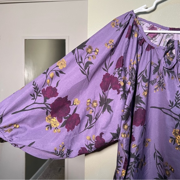 Plus Size Peasant Blouse Purple Yellow Floral Tie Neck - Picture 4 of 10